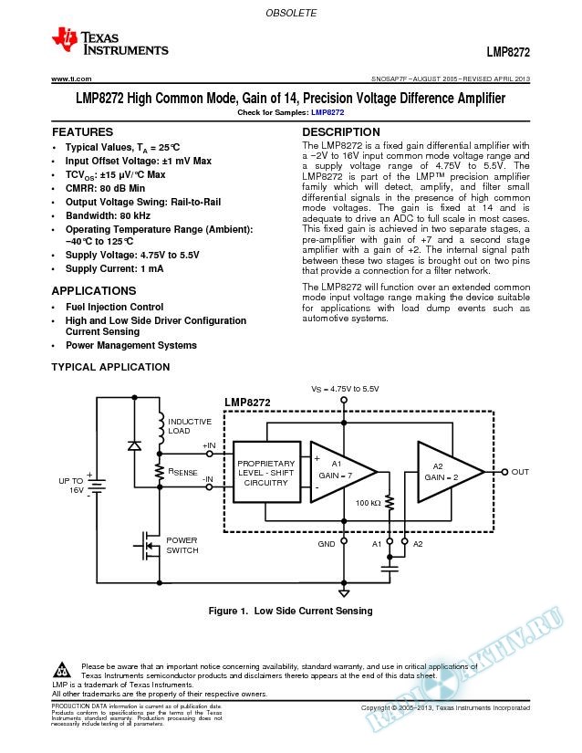 LMP8272 High Common Mode, Gain of 14, Precision Voltage Difference Amplifier (Rev. F)