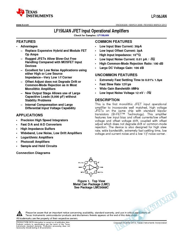LF156JAN JFET Input Operational Amplifiers (Rev. A)