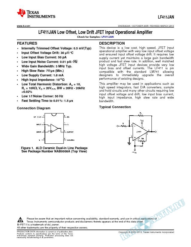 LF411JAN Low Offset, Low Drift JFET Input Operational Amplifier (Rev. A)