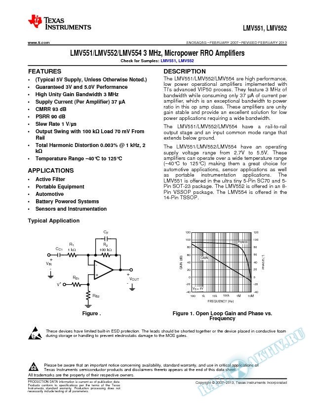 LMV551/LMV552/LMV554 3 MHz, Micropower RRO Amplifiers (Rev. G)