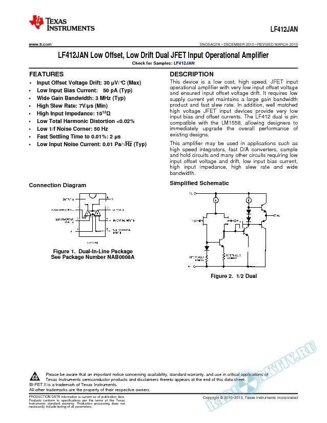 LF412JAN Low Offset, Low Drift Dual JFET Input Operational Amplifier (Rev. A)