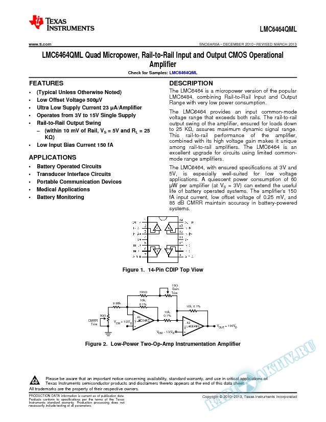 LMC6464QML Quad Micropower, Rail-to-Rail I/O CMOS Op Amp (Rev. A)