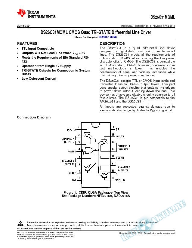 DS26C31MQML CMOS Quad  TRI-STATE  Differential Line Driver (Rev. A)