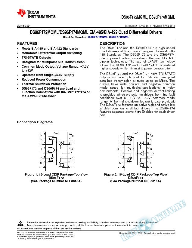 DS96F172MQML/DS96F174MQML EIA-485/EIA-422 Quad Differential Drivers (Rev. A)