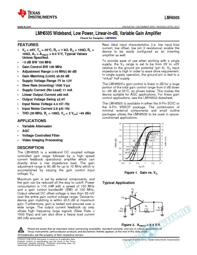 LMH6505 Wideband, Low Power, Linear-in-dB, Variable Gain Amplifier (Rev. E)