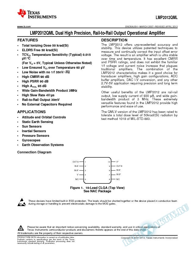 LMP2012QML Dual High Precision, Rail-to-Rail Output Operational Amplifier (Rev. H)