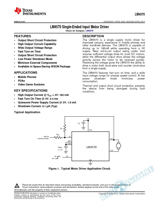 LM4570 Single-Ended Input Motor Driver (Rev. C)