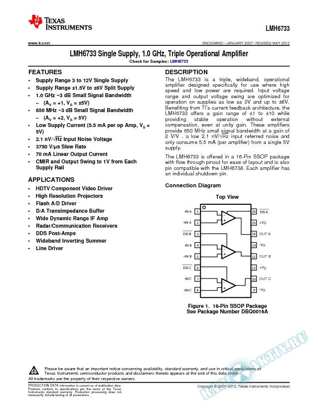 LMH6733 Single Supply, 1.0 GHz, Triple Operational Amplifier (Rev. D)