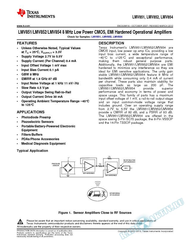 LMV851/LMV852/LMV854 8 MHz Low Power CMOS, EMI Hardened Operational Amplifiers (Rev. A)