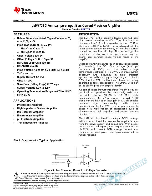 LMP7721 3 Femtoampere Input Bias Current Precision Amplifier (Rev. D)