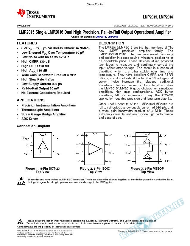 LMP2015 Single / LMP2016 Dual High Precision, Rail-to-Rail Output Op Amp (Rev. B)