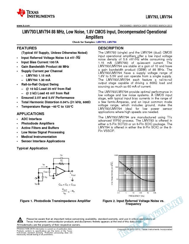LMV793/LMV794 88 MHz, Low Noise, 1.8V CMOS Input, Decompensated Op Amps (Rev. D)