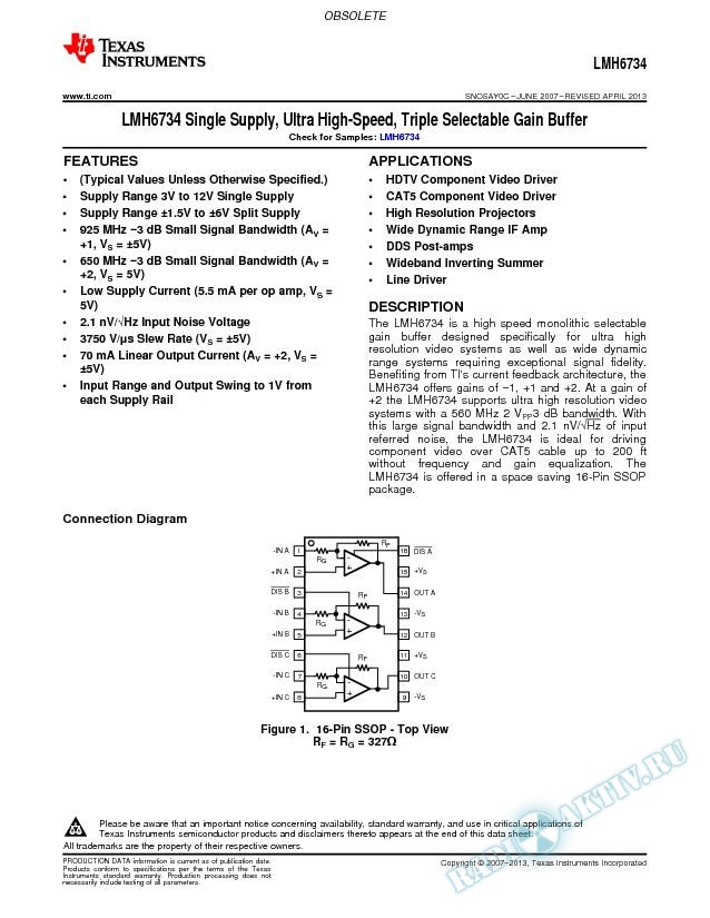 LMH6734 Single Supply, Ultra High-Speed, Triple Selectable Gain Buffer (Rev. C)