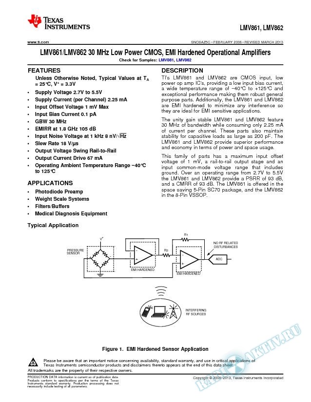 LMV861/LMV862 30 MHz Low Power CMOS, EMI Hardened Operational Amplifiers (Rev. C)