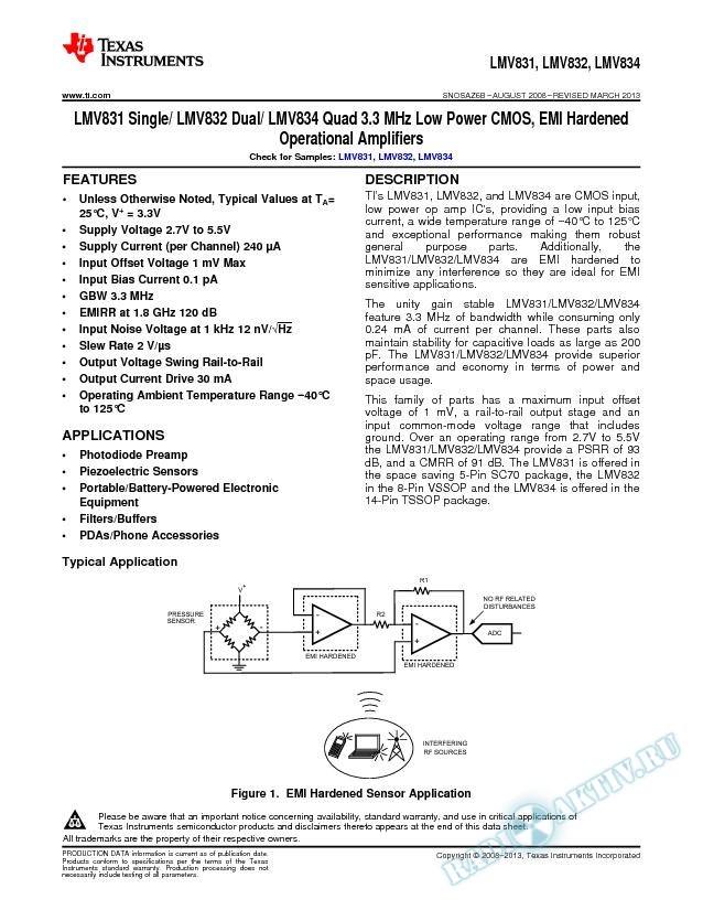 LMV831 Single/ LMV832 Dual/ LMV834 Quad 3.3MHz Low Pwr CMOS, EMI Hardened Op Amp (Rev. B)