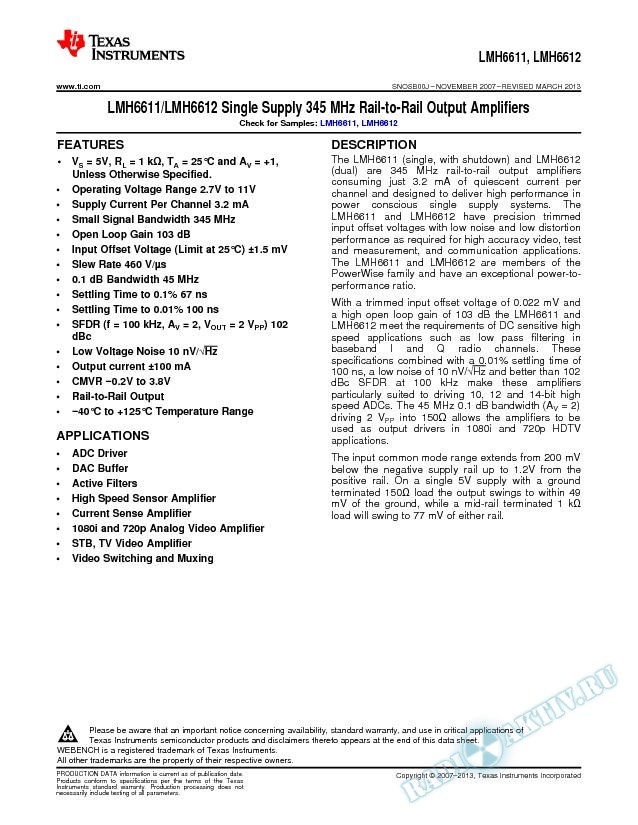 LMH6611/LMH6612 Single Supply 345 MHz Rail-to-Rail Output Amplifiers (Rev. J)