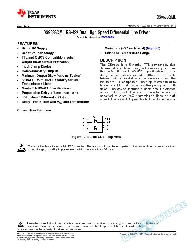 DS9638QML  RS-422 Dual High Speed Differential Line Driver (Rev. A)