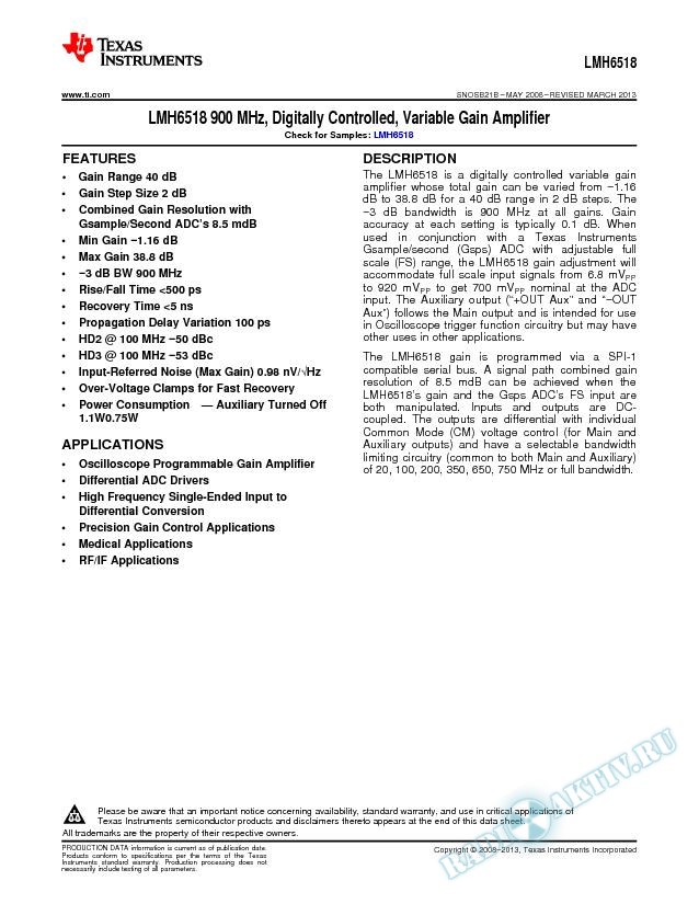 LMH6518 900 MHz, Digitally Controlled, Variable Gain Amplifier (Rev. B)