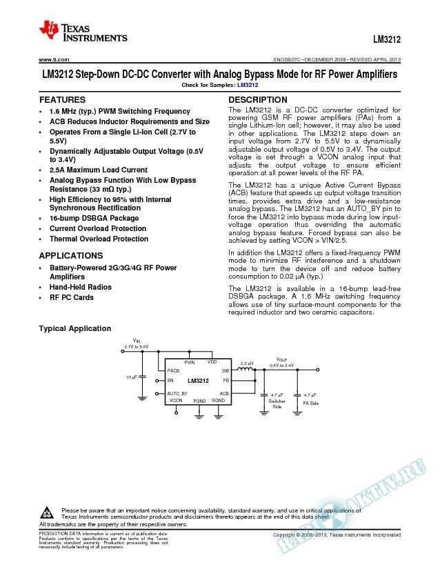 LM3212 Step-Down DC-DC Converter with Analog Bypass Mode for RF Pwr Amps (Rev. C)