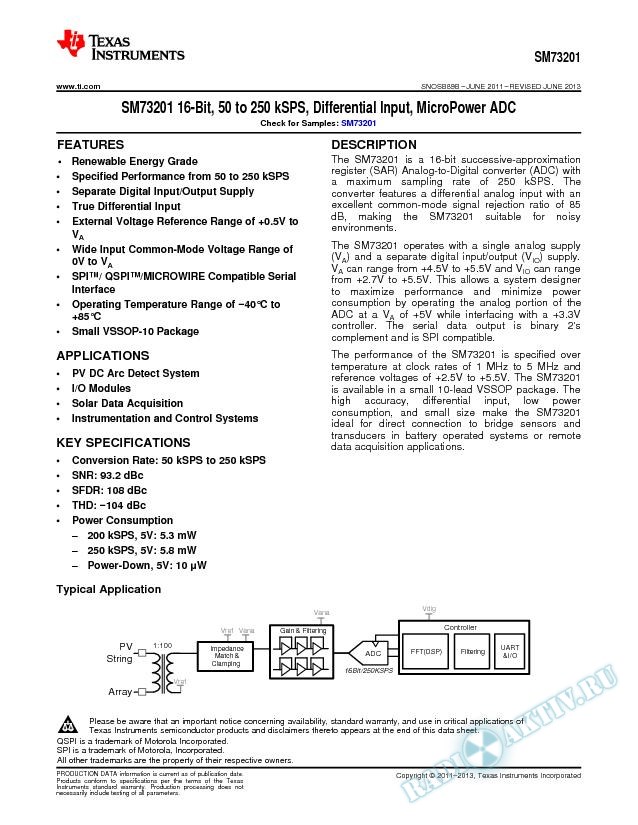 SM73201 16-Bit, 50 to 250 kSPS, Differential Input, MicroPower ADC (Rev. B)
