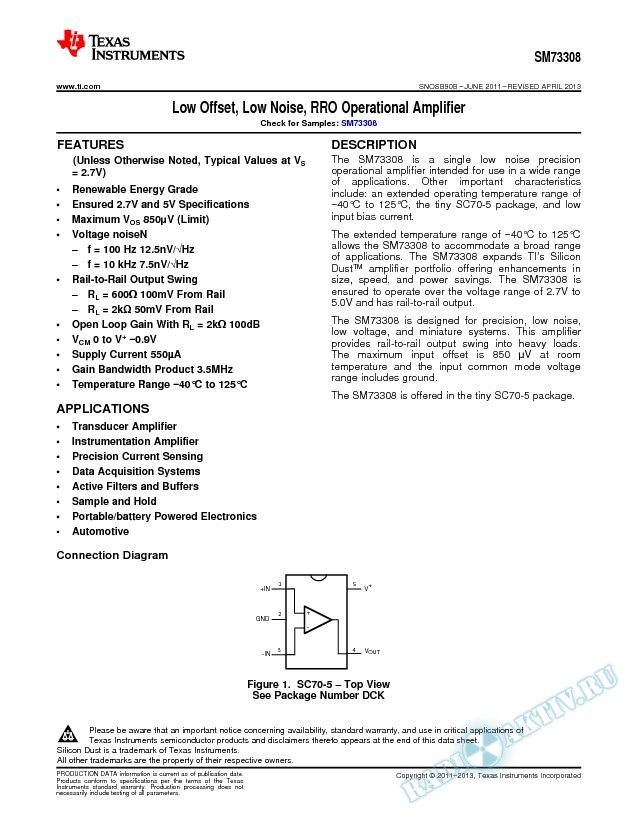 SM73308 Low Offset, Low Noise, RRO Operational Amplifier (Rev. B)