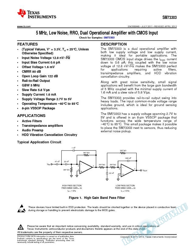 SM73303 5 MHz, Low Noise, RRO, Dual Operational Amplifier with CMOS Input (Rev. B)