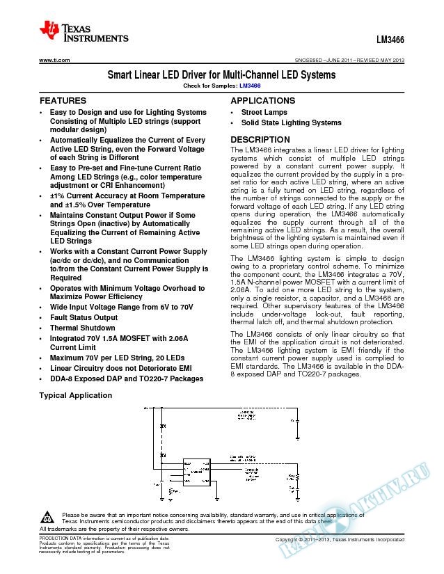 LM3466 Smart Linear LED Driver for Multi-Channel LED System (Rev. D)