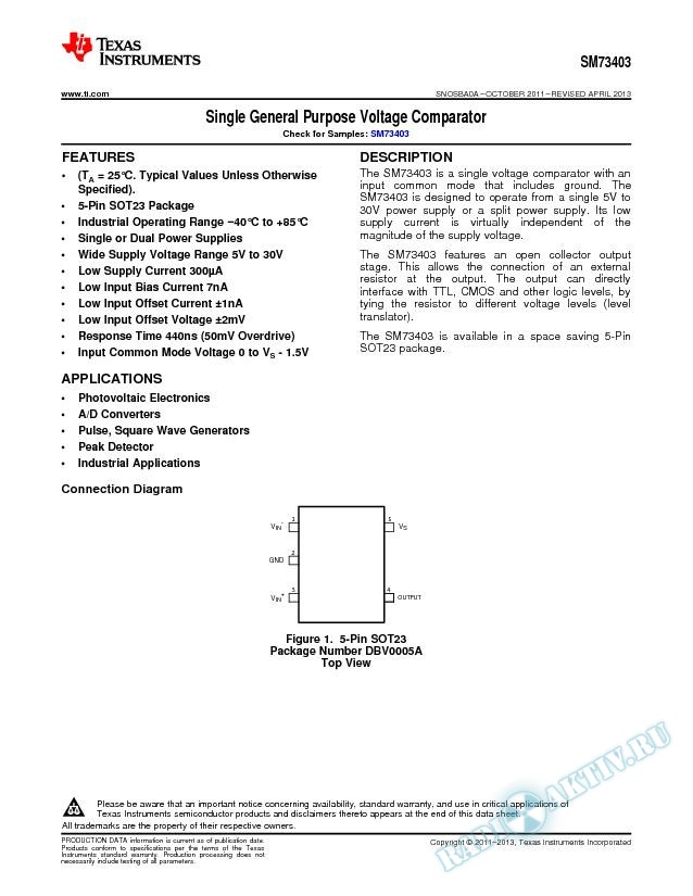 SM73403 Single General Purpose Voltage Comparator (Rev. A)