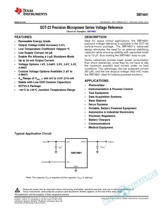 SM74601 SOT-23 Precision Micropower Series Voltage Reference (Rev. A)