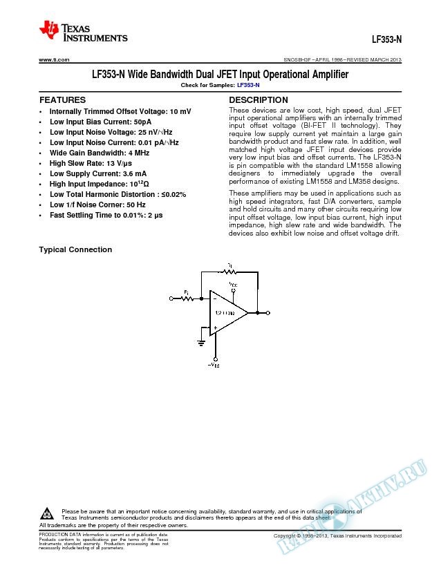 LF353 Wide Bandwidth Dual JFET Input Operational Amplifier (Rev. F)