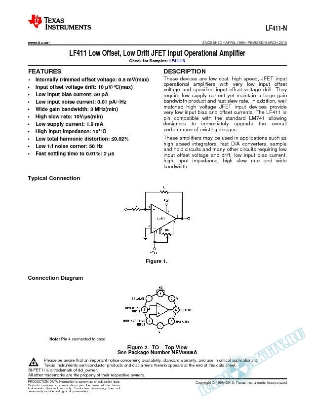 LF411 Low Offset, Low Drift JFET Input Operational Amplifier (Rev. D)