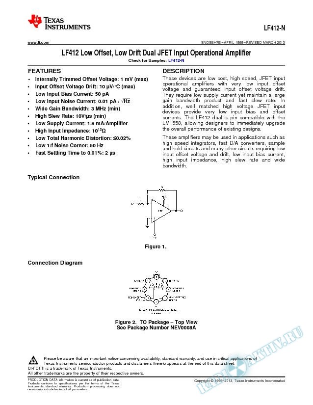 LF412 Low Offset, Low Drift Dual JFET Input Operational Amplifier (Rev. E)