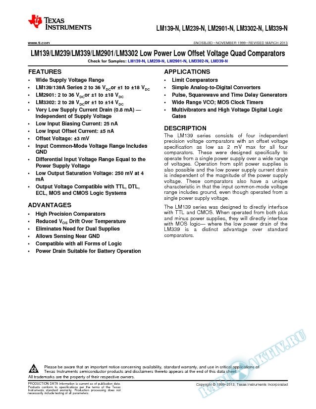 LM139/LM239/LM339/LM2901/LM3302 Low Power Low Offset Voltage Quad Comparators (Rev. D)