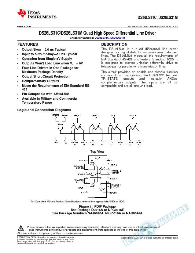 DS26LS31C/DS26LS31M Quad High Speed Differential Line Driver (Rev. C)