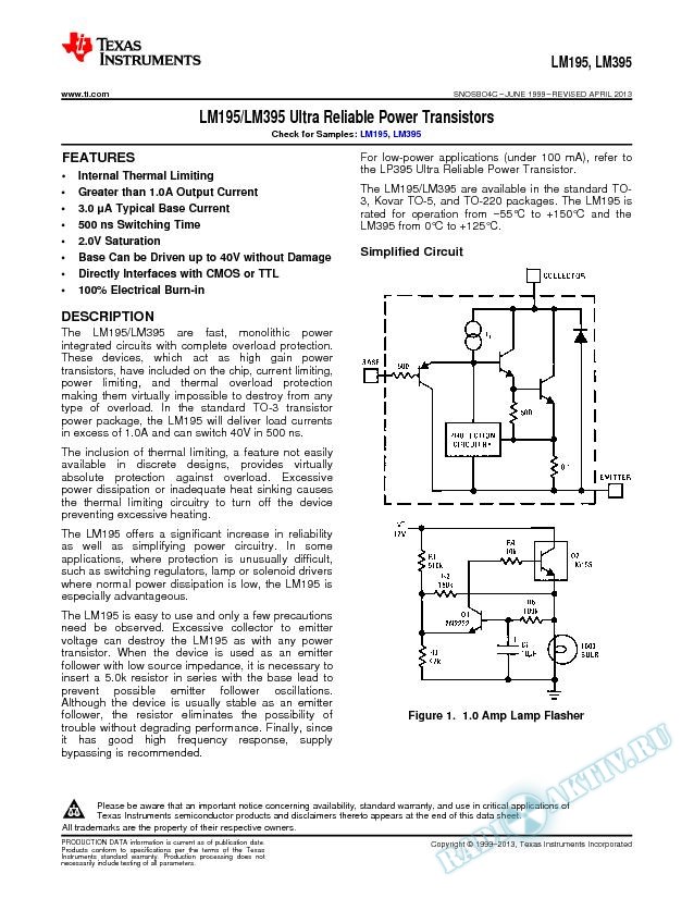 LM195/LM395 Ultra Reliable Power Transistors (Rev. C)