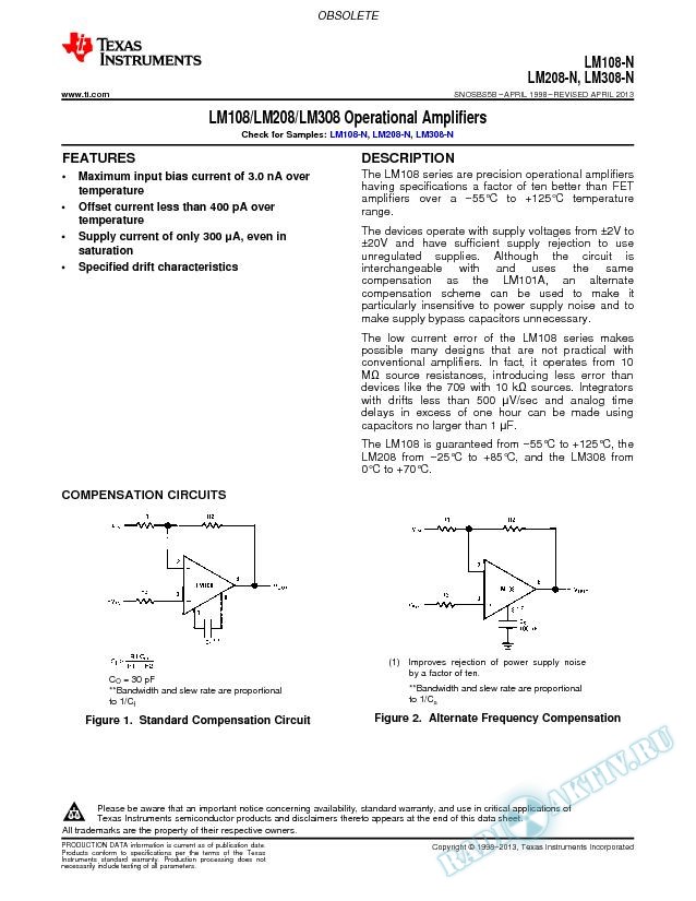 LM108/LM208/LM308 Operational Amplifiers (Rev. B)