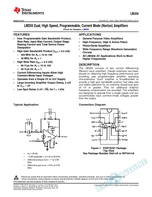 LM359 Dual, High Speed, Programmable, Current Mode (Norton) Amplifiers (Rev. C)