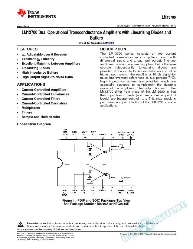 LM13700 Dual Operational Transconductance Amps w/Linearizing Diodes and Buffers (Rev. E)