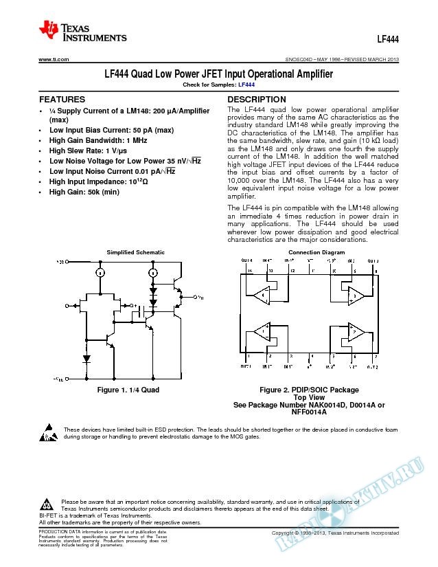 LF444 Quad Low Power JFET Input Operational Amplifier (Rev. D)