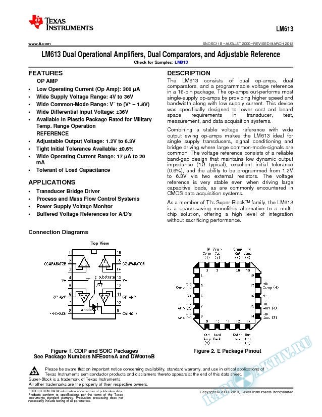 LM613 Dual Operational Amplifiers, Dual Comparators, and Adjustable Reference (Rev. B)