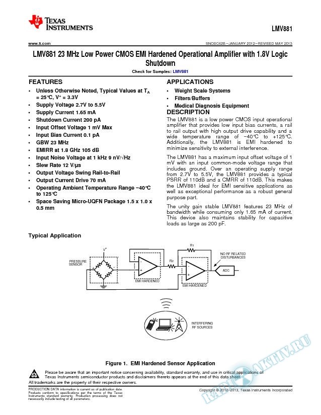 LMV881 23 MHz Low Power CMOS EMI Hard Op Amp with 1.8V Logic (Rev. B)