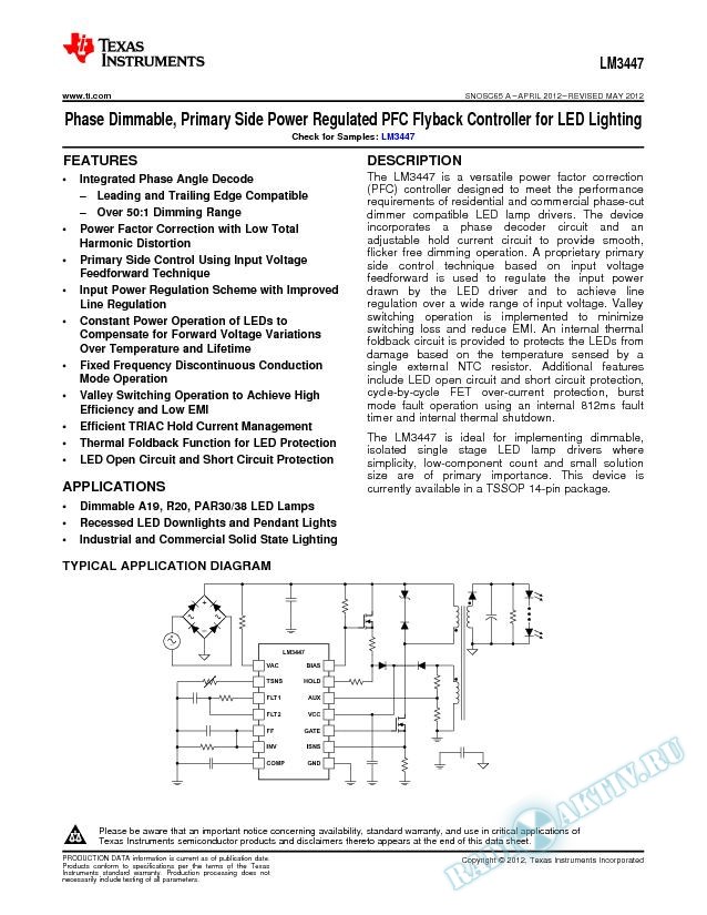 LM3447 Phase Dim, Primary Side PFC Flyback Controller for LED Lighting (Rev. A)
