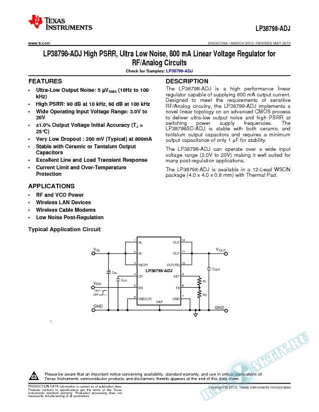 LP38798-ADJ High PSRR, Ultra Low Noise, 800mA Linear Voltage Regulator for RF/An (Rev. A)