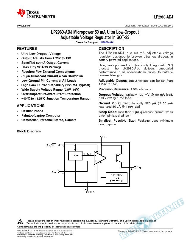 LP2980-ADJ Micropower 50mA Ultra Low-Dropout Adj VRegulator in SOT-23 (Rev. E)