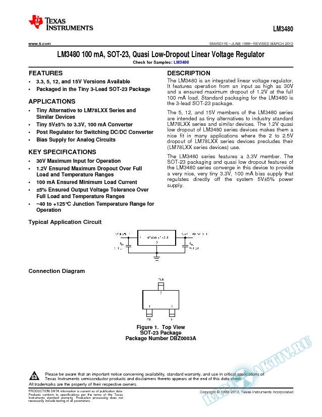 LM3480 100 mA, SOT-23, Quasi Low-Dropout Linear Voltage Regulator (Rev. E)