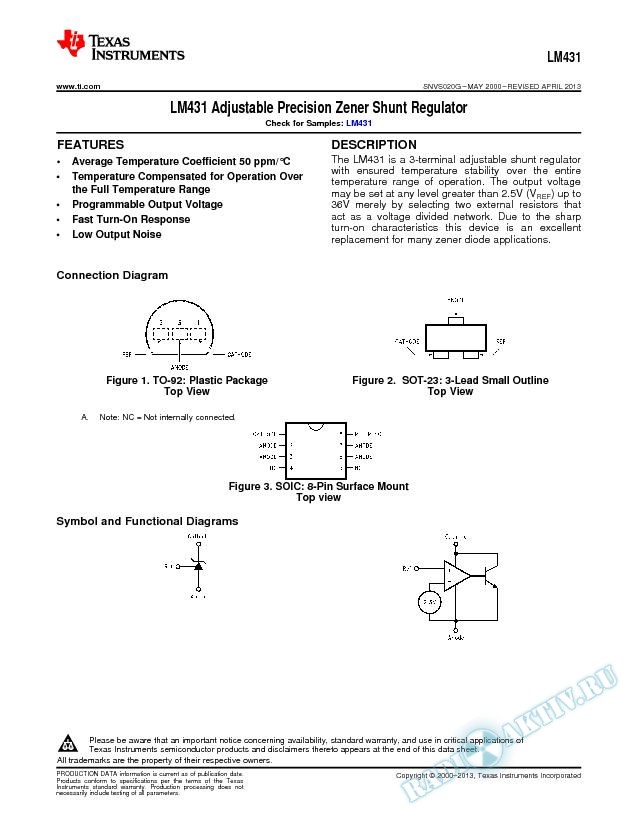 LM431 Adjustable Precision Zener Shunt Regulator (Rev. G)