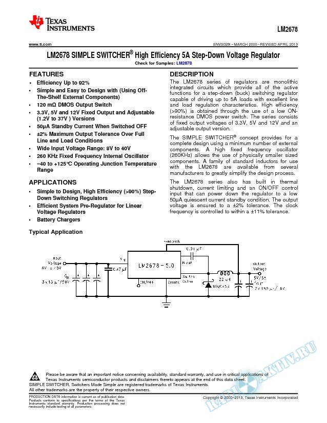 LM2678 SIMPLE SWITCHER  High Efficiency 5A Step-Down Voltage Regulator (Rev. I)