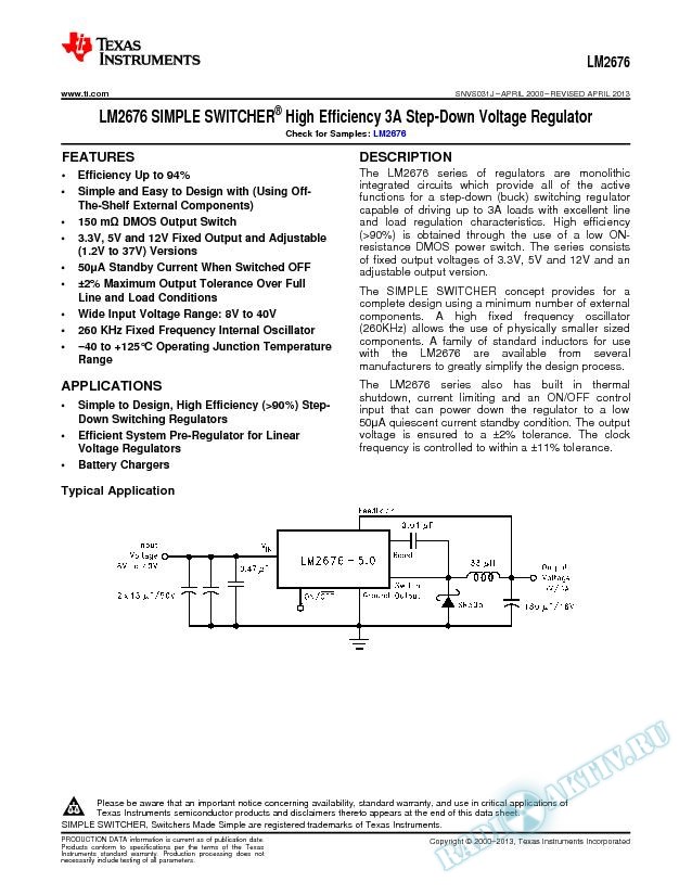 LM2676 SIMPLE SWITCHER  High Efficiency 3A Step-Down Voltage Regulator (Rev. J)