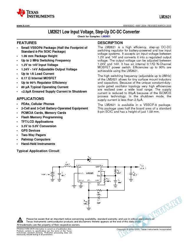 LM2621 Low Input Voltage, Step-Up DC-DC Converter (Rev. C)