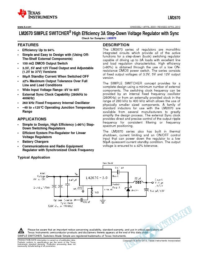 LM2670 SIMPLE SWITCHER  High Efficiency 3A Step-Down VReg wi/Sync (Rev. J)